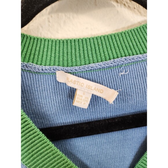Plastic Island Cardigan Small Blue Green Colorblock V-Neck Preppy Knit Sweater - Picture 5 of 7